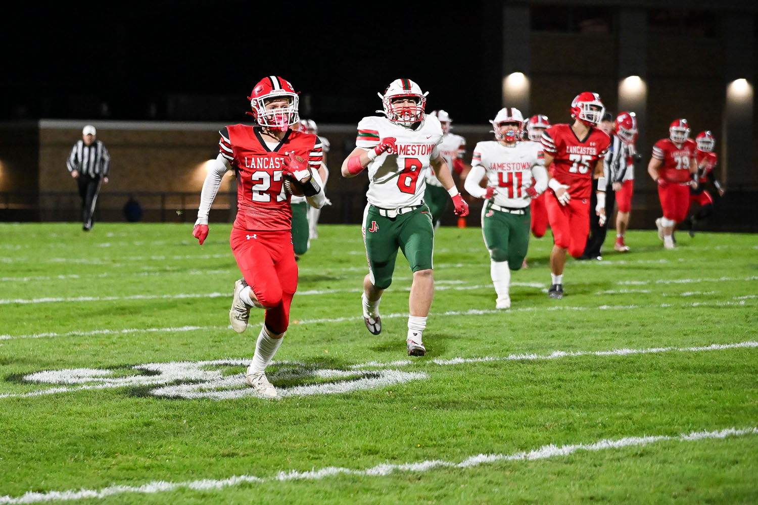 Perna out running the defense on the first play for a TD
